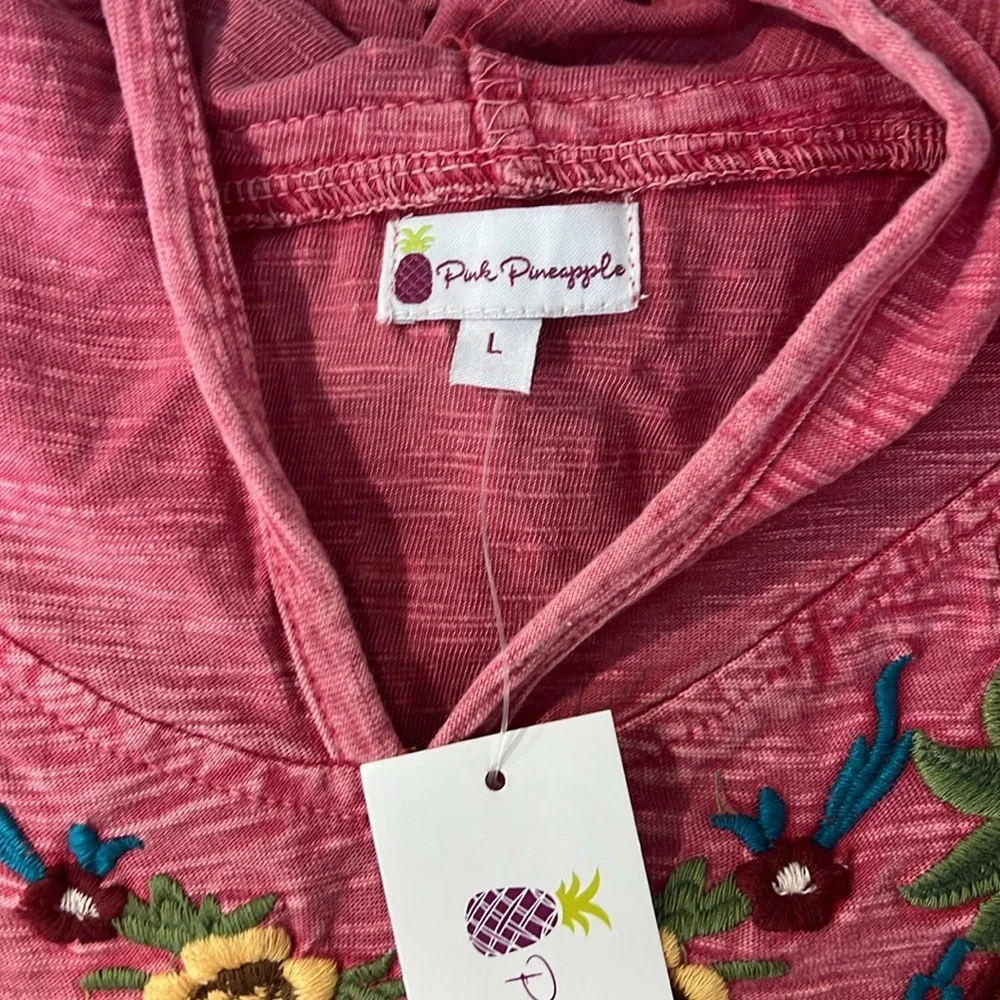 Pink Pineapple southwestern Floral Bohemian hooded pullover w/ front pocket SZ L - Picture 5 of 6